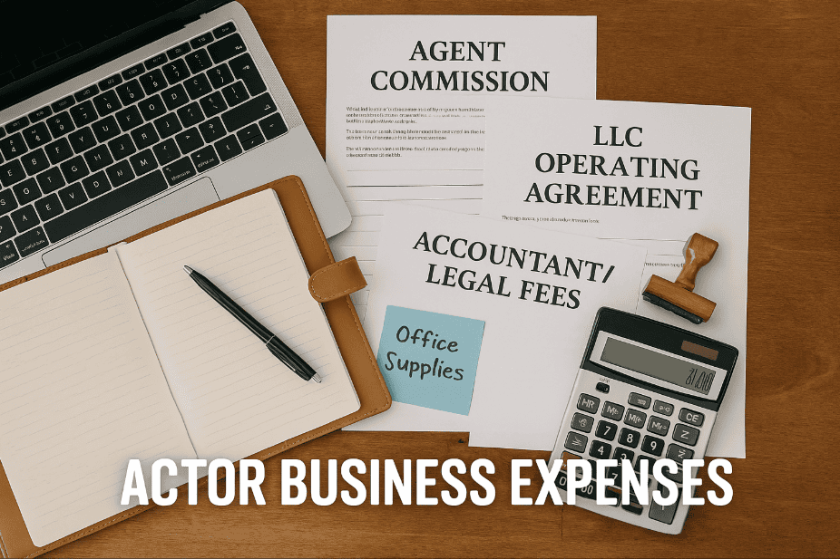 Flat lay showing a laptop, planner, calculator, and labeled documents for agent commission, accountant fees, office supplies, and LLC agreement
