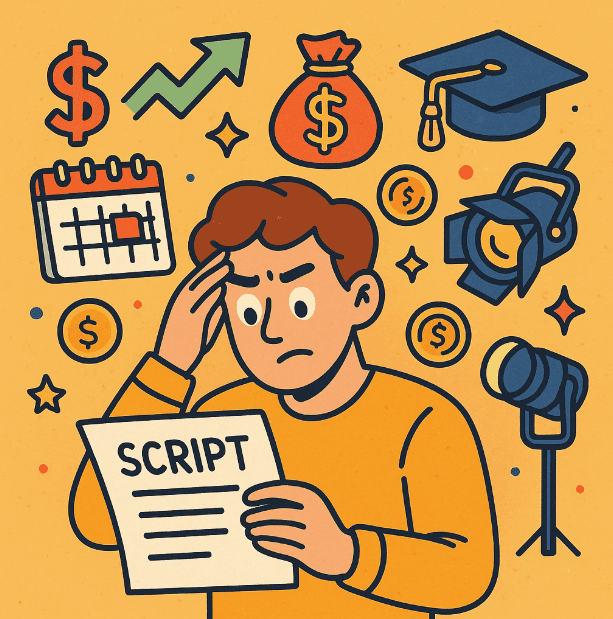 Cartoon of young actor reading a script with financial symbols around him including coins, dollar signs, calendar, and camera gear