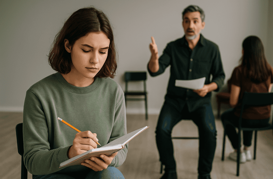 Young adult actor taking notes in a classroom while a coach speaks and another participant listens in the background