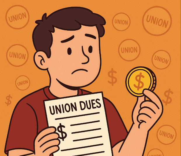 Cartoon actor with a concerned expression holding a union dues document and a large gold coin, with “UNION” and dollar symbols in the background