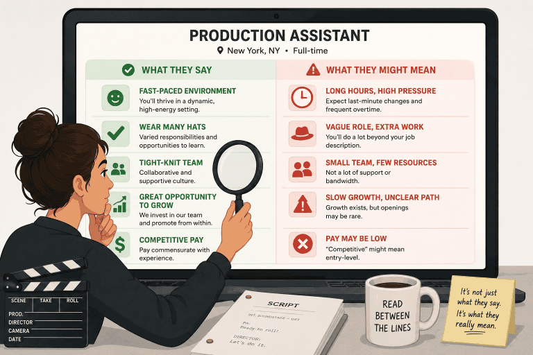 Flat illustration of an actor studying a job listing on a laptop screen split into green and red sections, using a magnifying glass to analyze hidden meanings behind the posting.