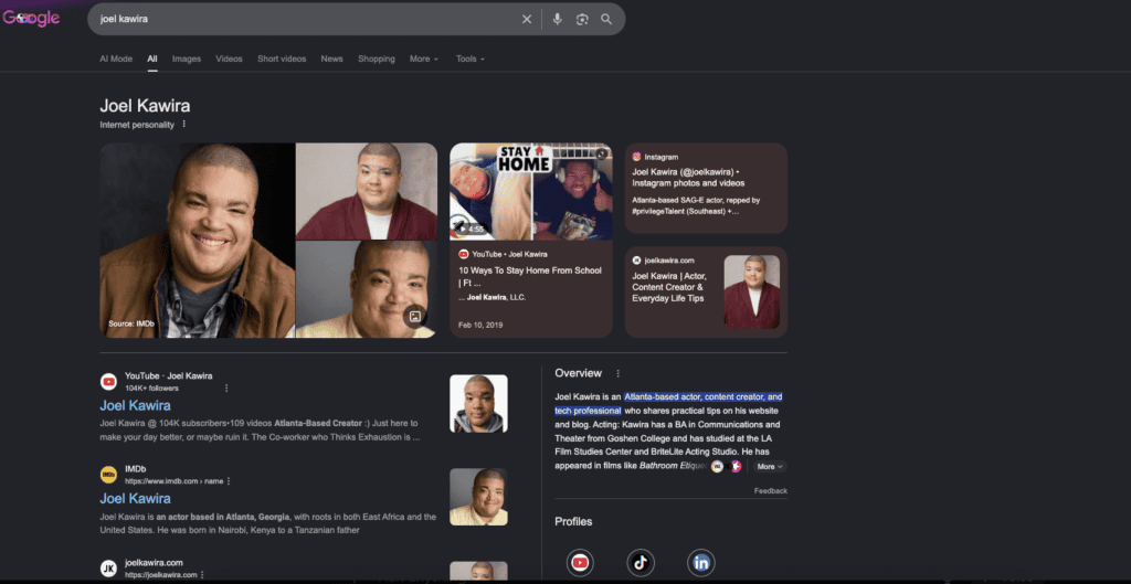 Google search results page for “joel kawira” in dark mode, showing a knowledge panel with photos, social profiles, a YouTube channel, IMDb listing, and a brief biography identifying Joel Kawira as an Atlanta-based actor, content creator, and tech professional.