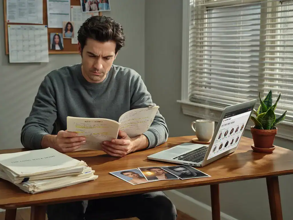 Busy actor at a desk surrounded by scripts, headshots, a coffee cup, and a laptop with AI tools for actors open. Demonstrating ways actors are using ai.