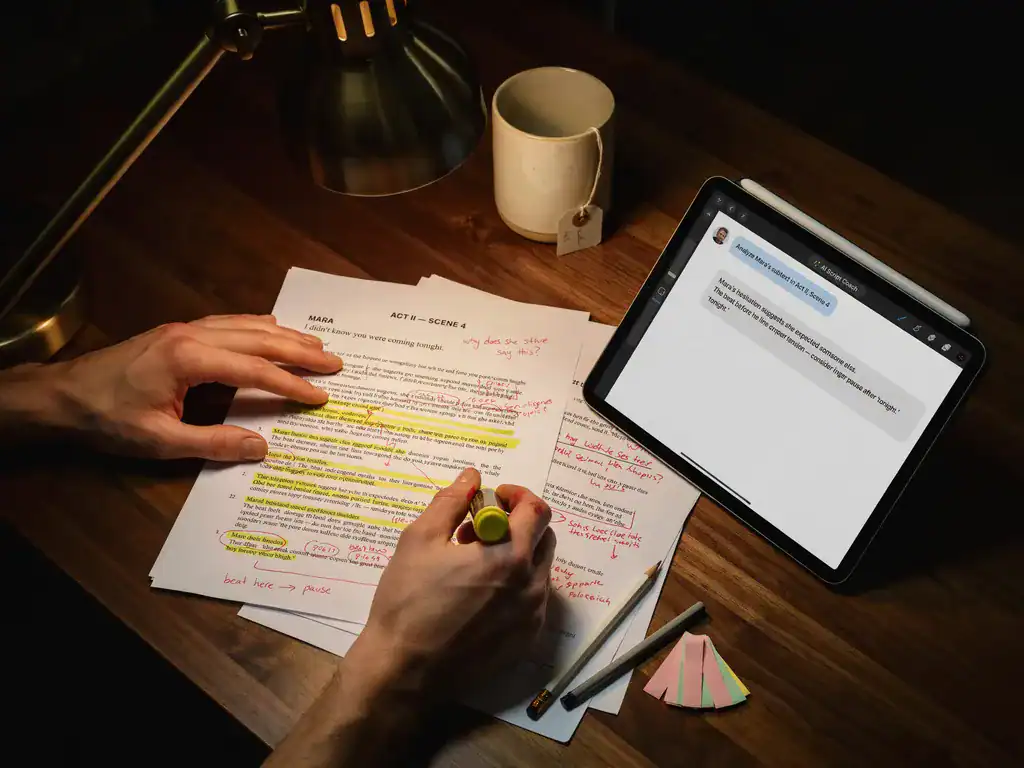 Actor's hands annotating a printed script with margin notes, beside a tablet showing AI script analysis