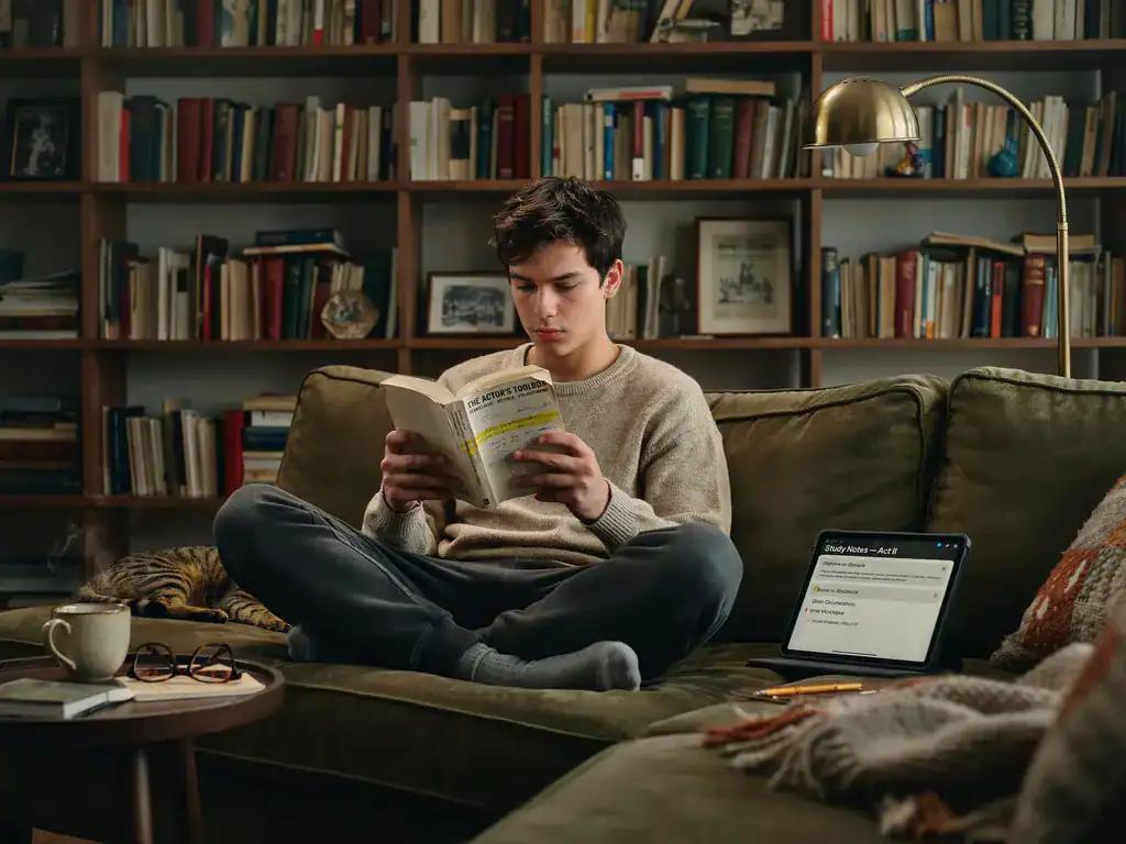Young actor reading an acting technique book on a sofa with a tablet showing AI study notes beside them
