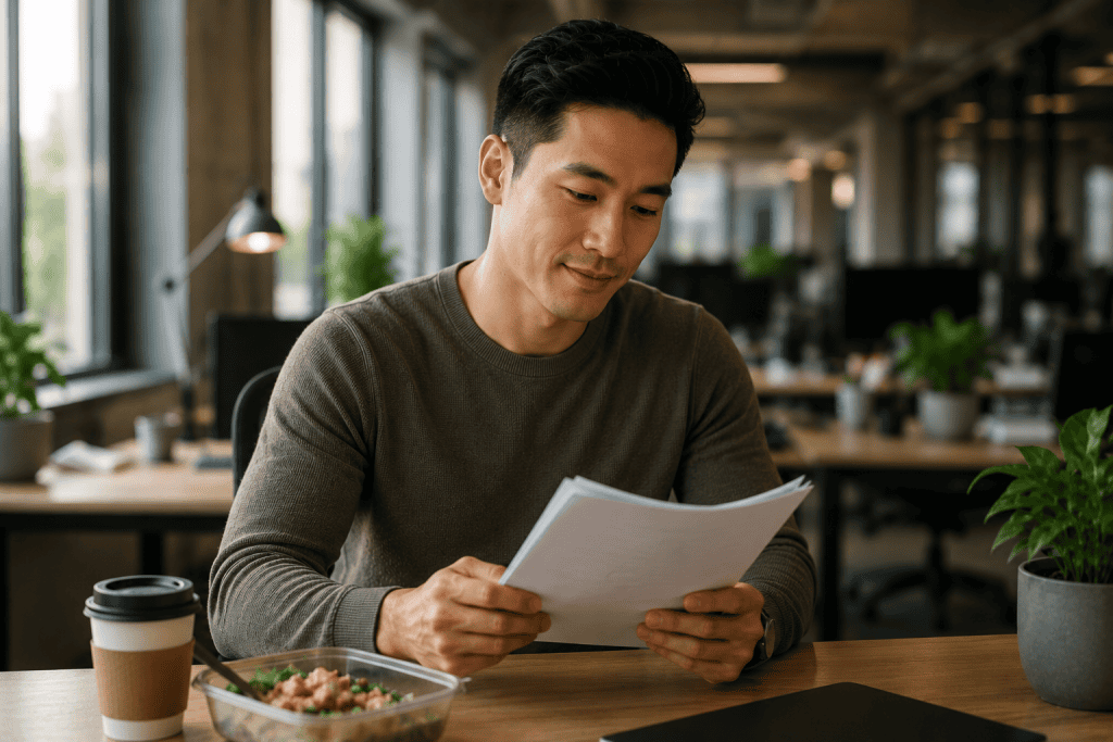 Working actor reviewing pages quietly at their office desk during a lunch break