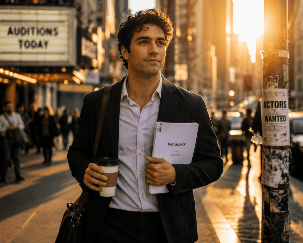 A determined young actor walks down a busy city street during golden hour, carrying a script under one arm and a coffee in hand. Dressed in business casual attire, he moves confidently through the crowd as warm sunlight illuminates the urban scene. Best Day Jobs for Actors.