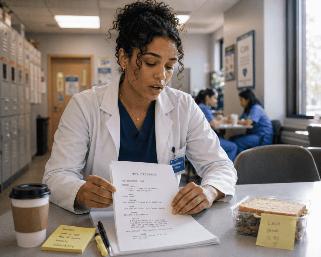 A young woman of color wearing pharmacy scrubs and a white lab coat sits in a hospital break room, quietly rehearsing lines from a script. An untouched sandwich and coffee sit nearby as she studies the pages with focus and determination under soft daylight from a nearby window.