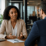 Young Black professional woman in business casual attire having a calm, confident conversation with her manager across a desk in a modern office with warm natural lighting.