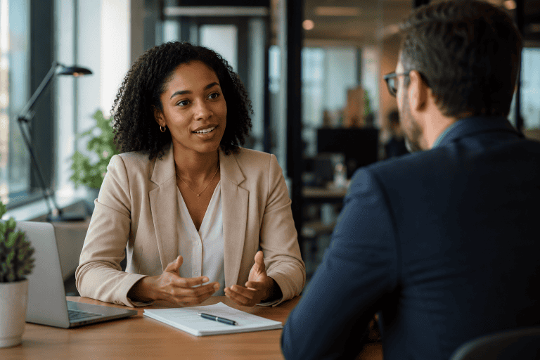 Young Black professional woman in business casual attire having a calm, confident conversation with her manager across a desk in a modern office with warm natural lighting.