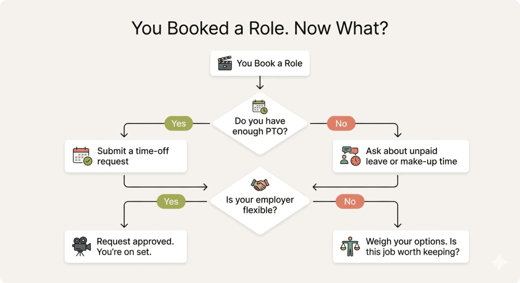 A minimalist flowchart infographic titled "You Booked a Role. Now What?" on a soft off-white background. The chart maps out workplace navigation steps using white rectangular blocks and two decision diamonds. Positive "Yes" paths feature warm green labels, while "No" paths feature muted coral labels. Each step is accompanied by a small relevant flat icon. How to Vet an Employer as an Actor