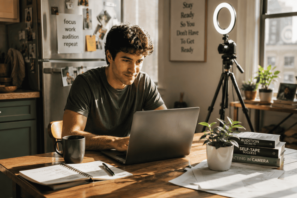 A young male actor works on a laptop at a kitchen table in a sunlit apartment. A ring light and camera setup are visible in the background, suggesting a home self-tape studio. Warm morning light fills the space, creating a relaxed and productive atmosphere.